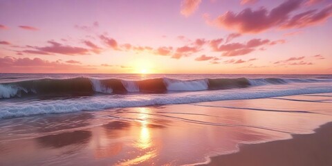 Fototapeta premium Soft pink waves gently rolling on a serene beach at sunset, gentle movements, warm colors