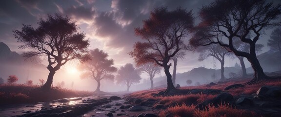 Naklejka premium Mysterious Silver Landscape with Shimmering Glowing Trees , silver landscape, shimmering trees