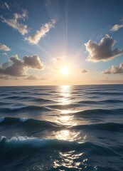Obraz premium Infinite blue expanse of oceanic waters meeting the sky at a point where the sun's rays dance across the waves, sea, sky