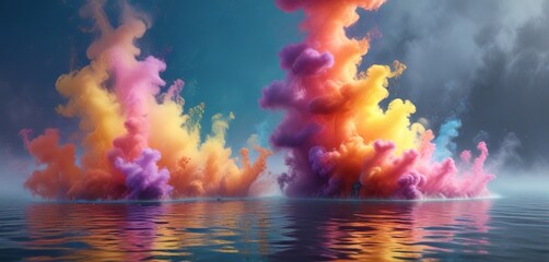 Hazy water with colorful smoke and vapor rising from the surface , water scene, hazy water