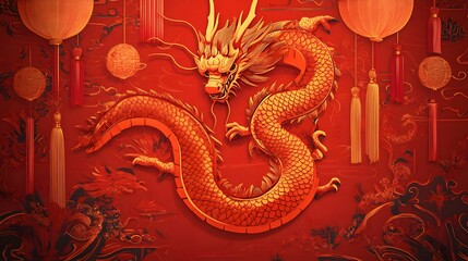 Fototapeta premium Golden Dragon Amidst Red Lanterns and Festive Designs