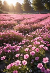 Obraz premium Field of pink flowers in full bloom with sunlight filtering through , garden, spring, carthusian pink
