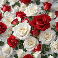Fototapeta premium delicate red roses intertwined with white rose petals , red, white