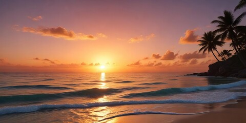 A bright orange glow illuminates the tropical sea as the sun sinks below the horizon, serene, ocean