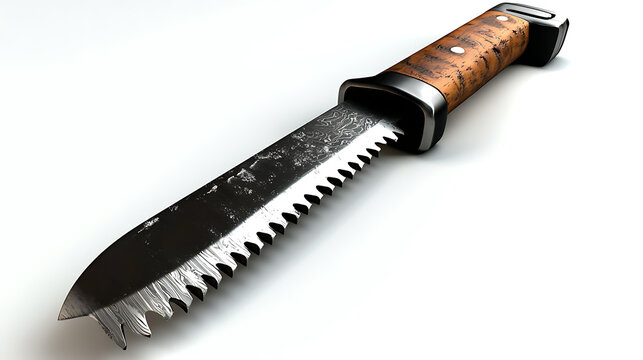 A knife with a wooden handle and a serrated blade