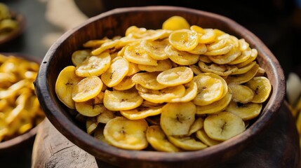 Crispy banana Chips in a Rustic Bowl