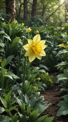 Obraz premium A single daffodil flower blooming against a backdrop of lush green foliage with a few scattered leaves, landscape, bloom