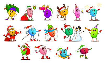 Christmas vitamin and micronutrient groovy characters. Cartoon festive capsules of b2, b1 and b9. C, b12, d or e, n, h, p, u, k engage in holiday activities like skiing, gifts, snowball fights