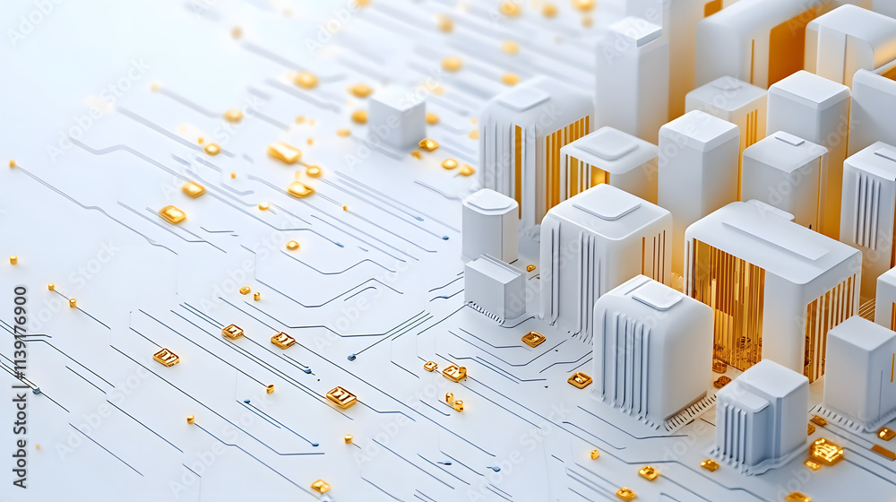 Poster a futuristic cityscape with abstract buildings and interconnected lines, symbolizing technology and 