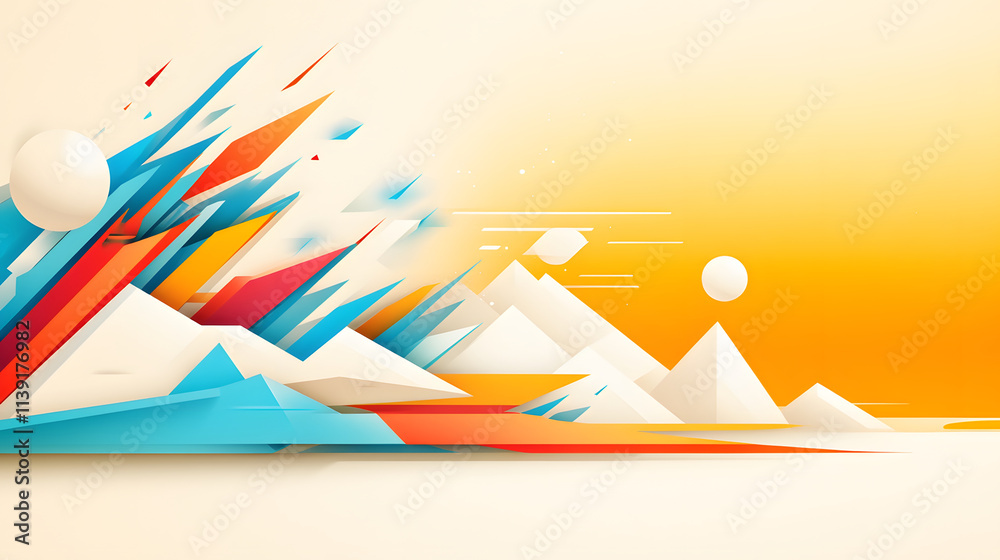 Poster a vibrant abstract landscape featuring sharp geometric shapes in blue, orange, and white, creating a