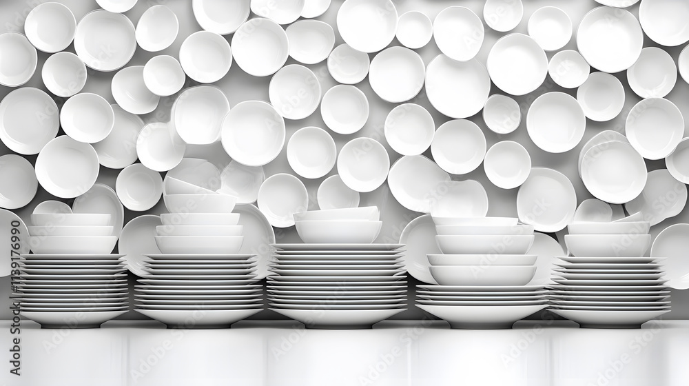 Aufkleber a minimalist display of white plates and bowls arranged neatly, creating a clean and modern aestheti
