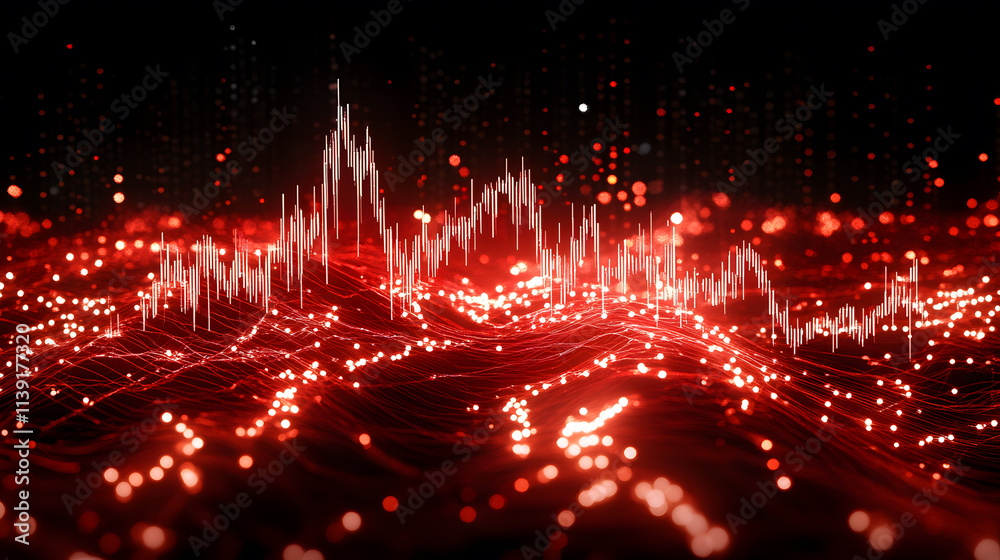 Poster A vibrant, abstract visualization of sound waves and data points, featuring dynamic red lights against a dark background
