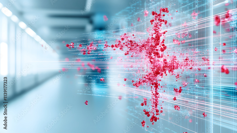 Poster A vibrant digital abstract image featuring red particles and lines, creating a sense of motion in a blurred, futuristic environment