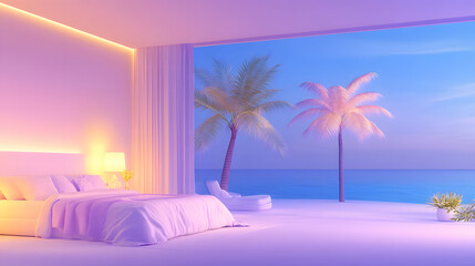 A serene bedroom overlooking a tranquil ocean, featuring palm trees and soft pastel lighting, creating a calming and inviting atmosphere