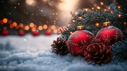 Festive Red Ornaments Resting On Snowy Winter Ground