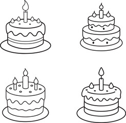 Birthday cake set silhouette vector illustration line art 