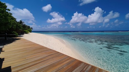 Naklejka premium Serene Tropical Beach with Clear Water and Cloudy Blue Sky
