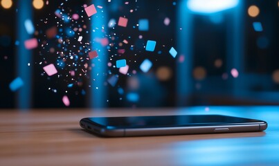 Smartphone with colorful confetti in a vibrant setting.