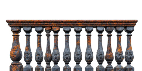 Aged iron railing with rusted patina isolated on transparent background