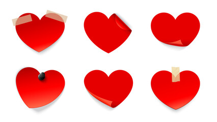 Valentine day love heart stickers. Vector red holiday heart shaped paper sticky notes with curled edges, glued with tape and pinned with a pin evoke romantic feelings of love, affection and emotions