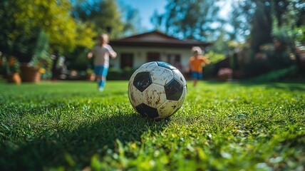 Soccer ball laying on grass field with children playing in background, representing outdoor fun and childhood activities