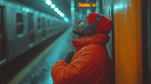 Stylish young man wearing headphones, enjoying music while waiting for his subway train at night