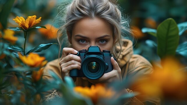 Photographer capturing vibrant yellow flowers with a professional camera in a serene garden setting, surrounded by blooming nature - Powered by Adobe