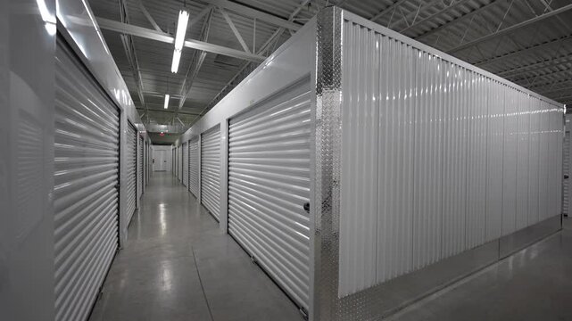 Interior shot of metal rolling garage door storage units