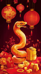 Fototapeta premium vibrant Chinese New Year poster featuring golden snake, red lanterns, big red envelopes, and gold ingots, creating festive atmosphere for Year of Snake 2025