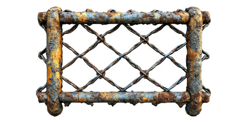 Rusty metal chain link fence isolated on transparent background