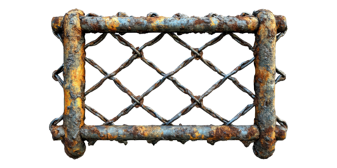 Rusty metal chain link fence isolated on transparent background