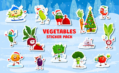 Christmas vegetable characters stickers pack. Cartoon vector veggies enjoying winter activities and holiday festivities with snow, gifts, snowboard, Xmas tree, sleds, skis and cheerful expressions