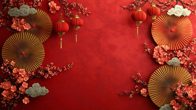 Beautiful red background with decorative fans, lanterns, and cherry blossoms, perfect for celebrating Chinese New Year. vibrant colors and intricate designs create festive atmosphere