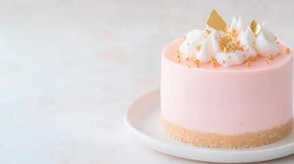 An elegant pastel cheesecake with edible gold leaf accents, set in minimal lighting for a touch of sophistication.