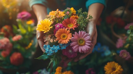 Florist holding a vibrant bouquet of various colorful flowers, showcasing the beauty and diversity of nature's blossoms