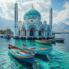 Naklejka premium A stunning mosque with a turquoise dome surrounded by boats in a clear blue body of water.