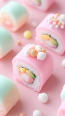 A creative pastel rainbow sushi roll with playful ingredients, set against an artistic light background that adds an extra pop of color.