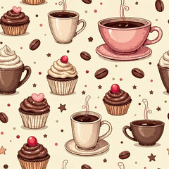 pattern with cupcakes and coffee, seamless