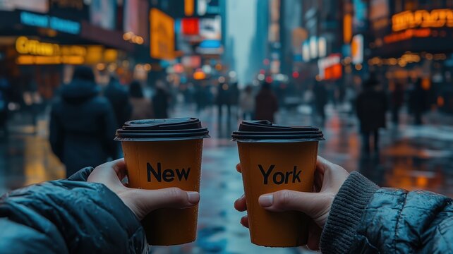 Two tourists are holding coffee cups with new york written on them, enjoying a rainy day in times square
