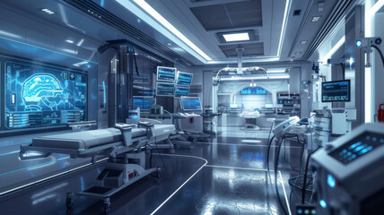 Fototapeta premium Medical technology hospital setting showcasing use computer technologies for treatment. Concept Hospital Technologies