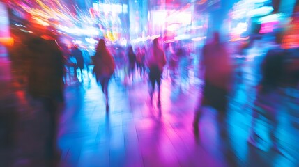 Fototapeta premium Blurry Crowd Moving Through Neon City Lights