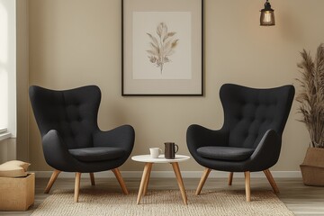 Photorealistic mockup of two black armchairs with soft fabric and wooden legs in front of each other, with a small round table and framed poster above, in a light beige room with warm lighting.