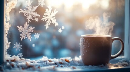 a frosty windowpane adorned with natural ice-crystal snowflake patterns, with a steaming mug in the background to celebrate Snowflake Appreciation Day, 