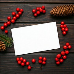 A flat lay composition with a blank white card surrounded by red berries, pine cones and pine branches on a dark wood table, perfect for winter or holiday messages.