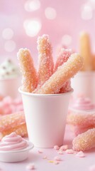 A sweet pastel rainbow churro cup with dipping sauces, magical light background