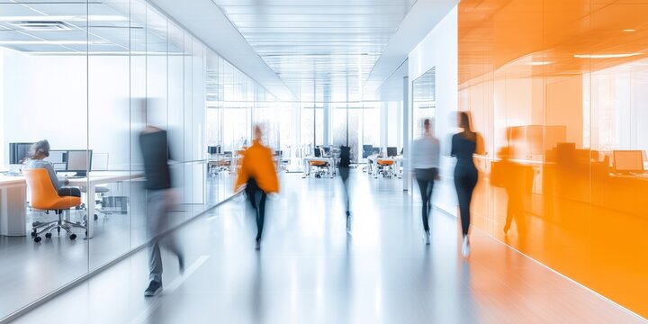 Modern office interior with blurred motion and orange accents