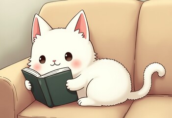 Minimalist Hand-Drawn Animation of a Cozy White Cat with a Book on a Couch: Unconventional Character Design