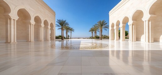 Obraz premium Elegant architectural space with arches and palm trees.