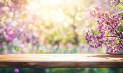 Wooden table with blooming flowers and sunlit background.