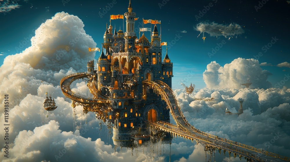 Poster majestic castle-shaped clouds overhead aerial view digital art fantasy environment surreal concept f